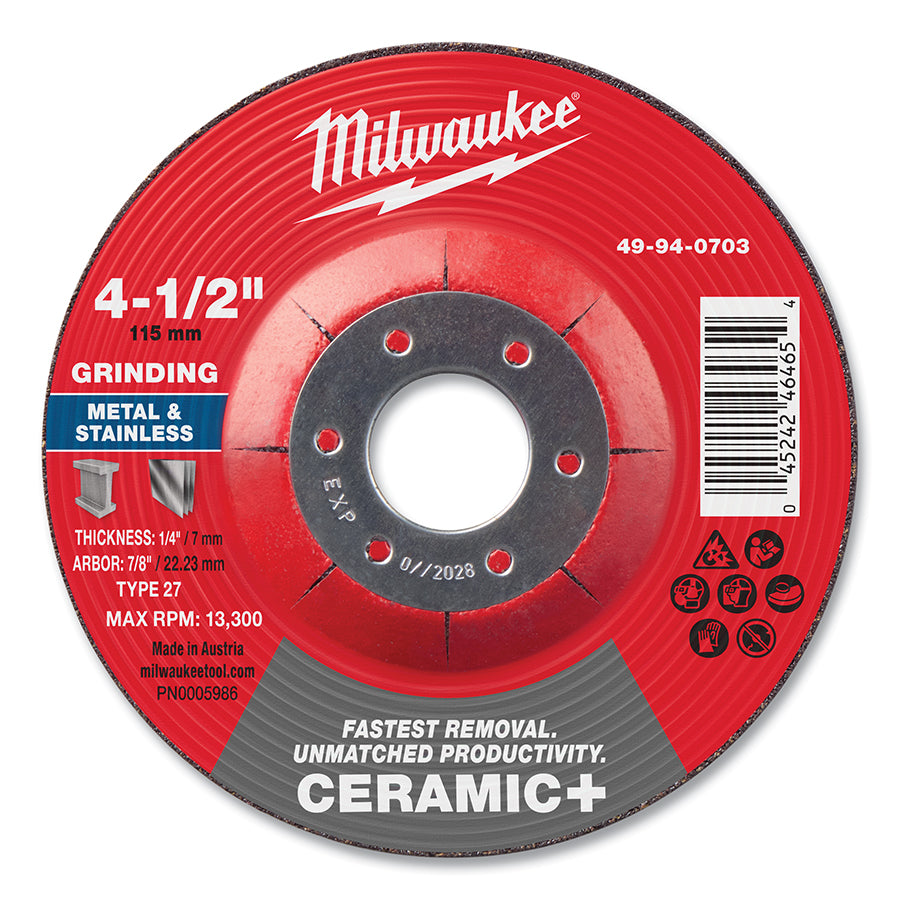 Milwaukee Tool Type 27 Ceramic+ Metal Grinding Wheel, 4.5 in dia, 1/4 in Thickness, 7/8 in Arbor dia, 24 Grit, Ceramic Grain