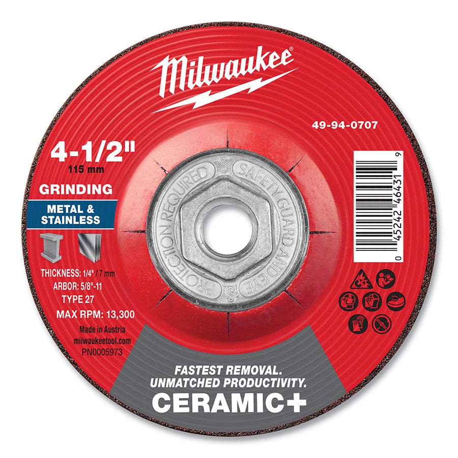 Milwaukee Tool Type 27 Ceramic+ Metal Grinding Wheel, 4.5 in dia, 1/4 in Thickness, 5/8 in Arbor dia, 24 Grit, Ceramic Grain