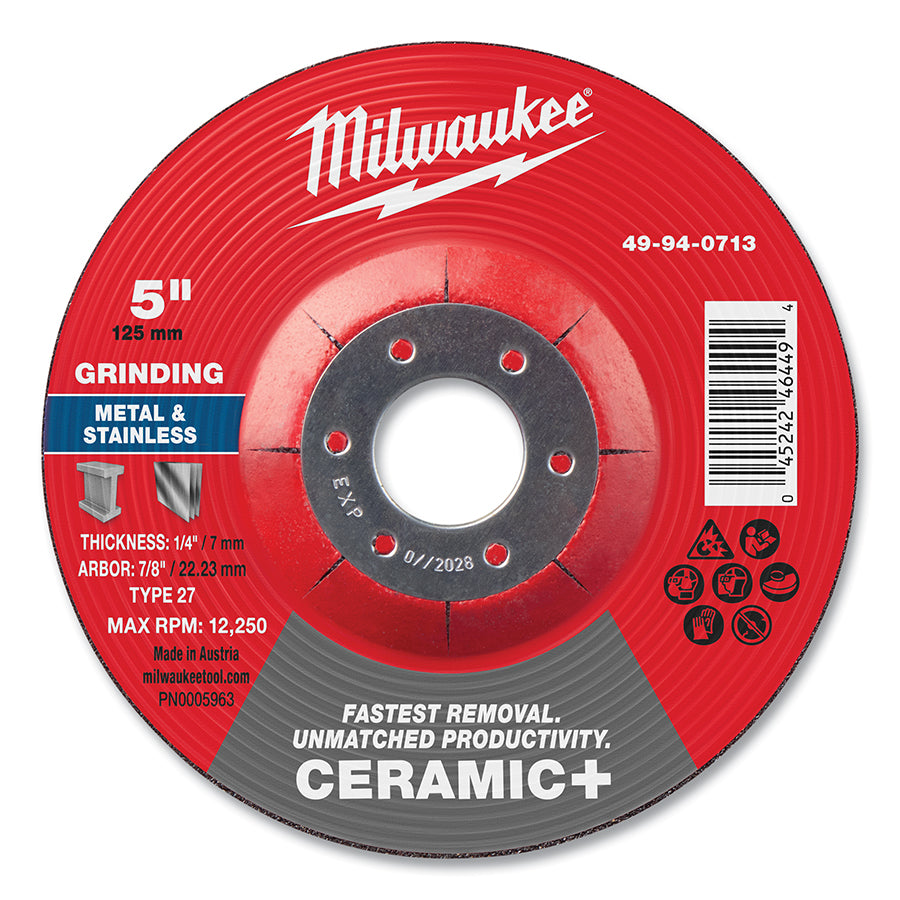 Milwaukee Tool Type 27 Ceramic+ Metal Grinding Wheel, 5 in dia, 1/4 in Thickness, 7/8 in Arbor dia, 24 Grit, Ceramic Grain