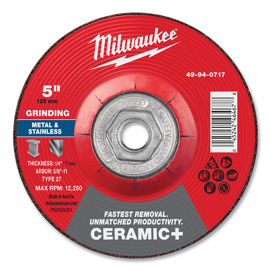 Milwaukee Tool Type 27 Ceramic+ Metal Grinding Wheel, 5 in dia, 1/4 in Thickness, 5/8 in Arbor dia, 24 Grit, Ceramic Grain