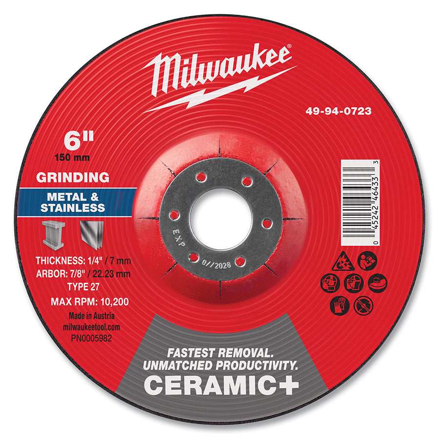 Milwaukee Tool Type 27 Ceramic+ Metal Grinding Wheel, 6 in dia, 1/4 in Thickness, 7/8 in Arbor dia, 24 Grit, Ceramic Grain