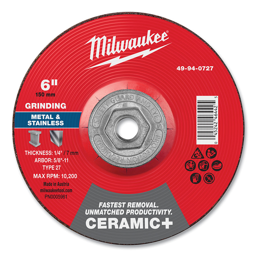 Milwaukee Tool Type 27 Ceramic+ Metal Grinding Wheel, 6 in dia, 1/4 in Thickness, 5/8 in Arbor dia, 24 Grit, Ceramic Grain