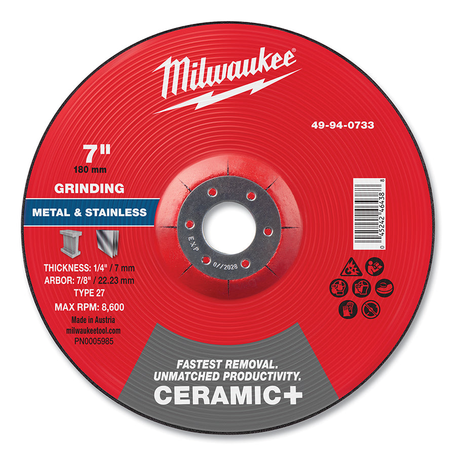 Milwaukee Tool Type 27 Ceramic+ Metal Grinding Wheel, 7 in dia, 1/4 in Thickness, 7/8 in Arbor dia, 24 Grit, Ceramic Grain