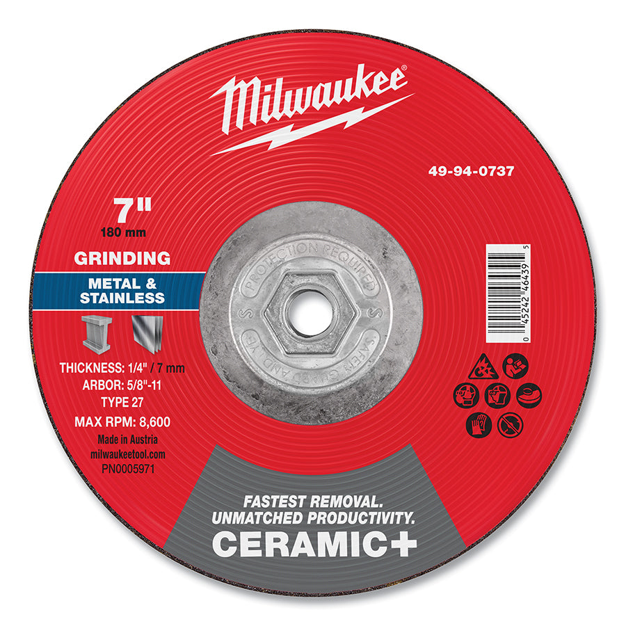 Milwaukee Tool Type 27 Ceramic+ Metal Grinding Wheel, 7 in dia, 1/4 in Thickness, 5/8 in Arbor dia, 24 Grit, Ceramic Grain