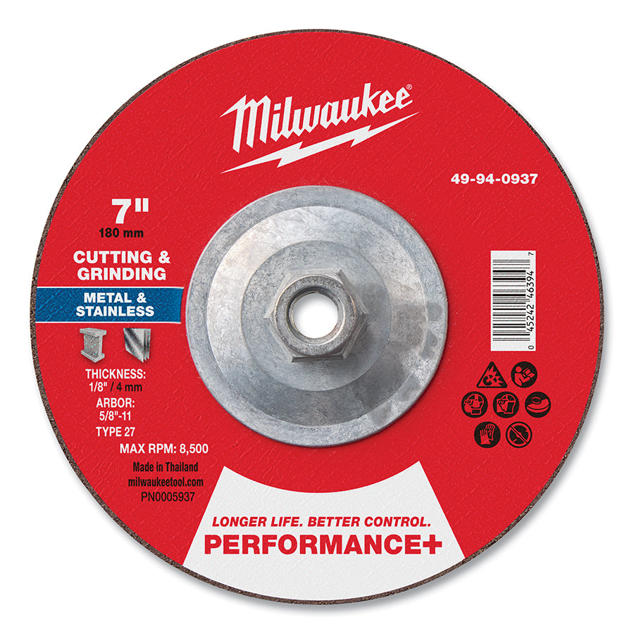 Milwaukee Tool Type 27 Performance+ Dual Metal Cut and Grind Wheel, 7 in dia, 1/8 in Thickness, 5/8 in Arbor dia, 24 Grit, Premium Zirconia