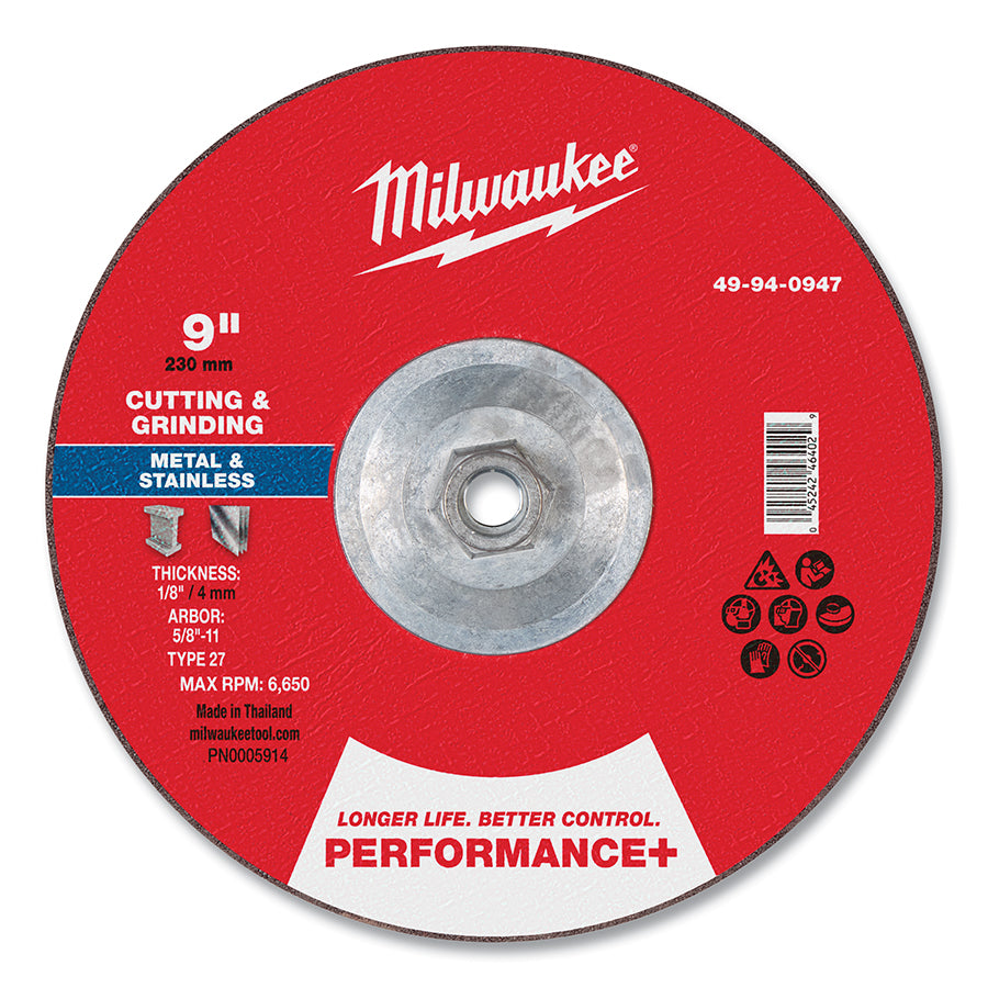 Milwaukee Tool Type 27 Performance+ Dual Metal Cut and Grind Wheel, 9 in dia, 1/8 in Thickness, 5/8 in Arbor dia, 24 Grit, Premium Zirconia