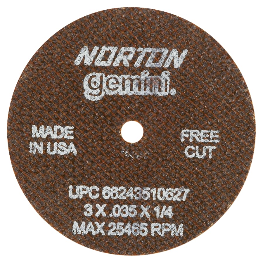 Norton 66243510627 Gemini Type 1 Die Grinder Cut-Off Wheel, 3 in x 0.035 in, 1/4 in Arbor, 60 Grit (Pack of 25)