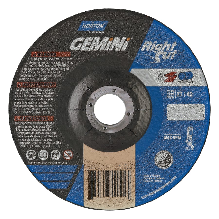 Norton 66252823602 Gemini® RightCut™ Right Angle Cut-Off Wheel, Type 01/41, 4-1/2 in dia x 0.045 in Thick x 7/8 in Arbor, 25 EA/BOX
