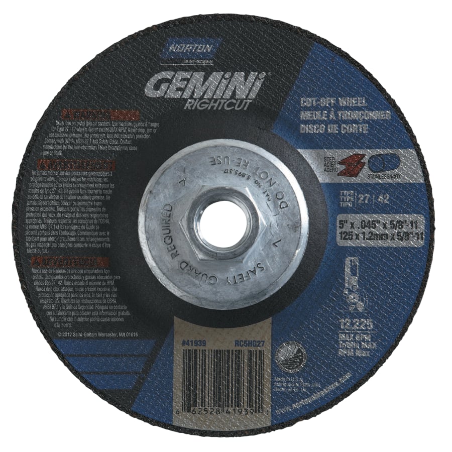Norton 66252842027 Gemini® RightCut™ Right Angle Cut-Off Wheel, Type 27, Aluminum Oxide, 4-1/2 in x 3/32 in x 5/8 -11, 24 Grit