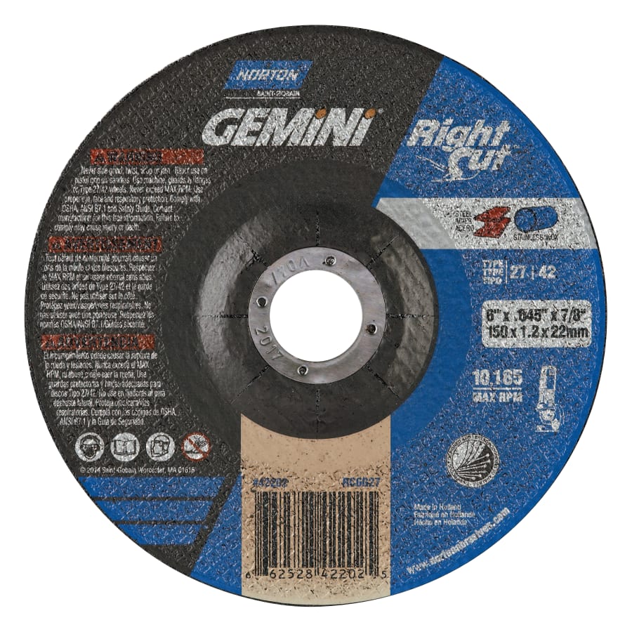 Norton 66252842202 Gemini® RightCut™ Right Angle Cut-Off Wheel, Type 27/42, 6 in dia x 0.045 in Thick x 7/8 in Arbor, 25 EA/PK