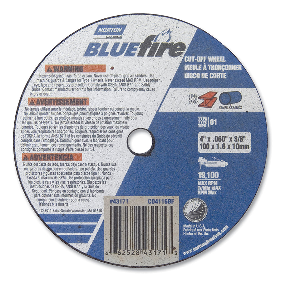 Norton 66252843171 Type 01 BlueFire Die Grinder Cut-Off Wheel, 4 in dia, 3/8 in Arbor, 1/16 in Thick, 24 Grit, Zirconia Alumina