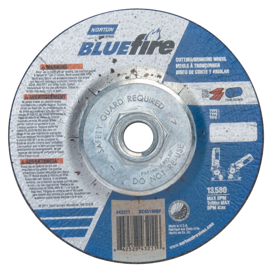 Norton 66252843211 Bluefire Type 27 Depressed Center Wheel, 4-1/2 in x 1/8 in, 5/8-11 Arbor, 24 Grit (Pack of 10)