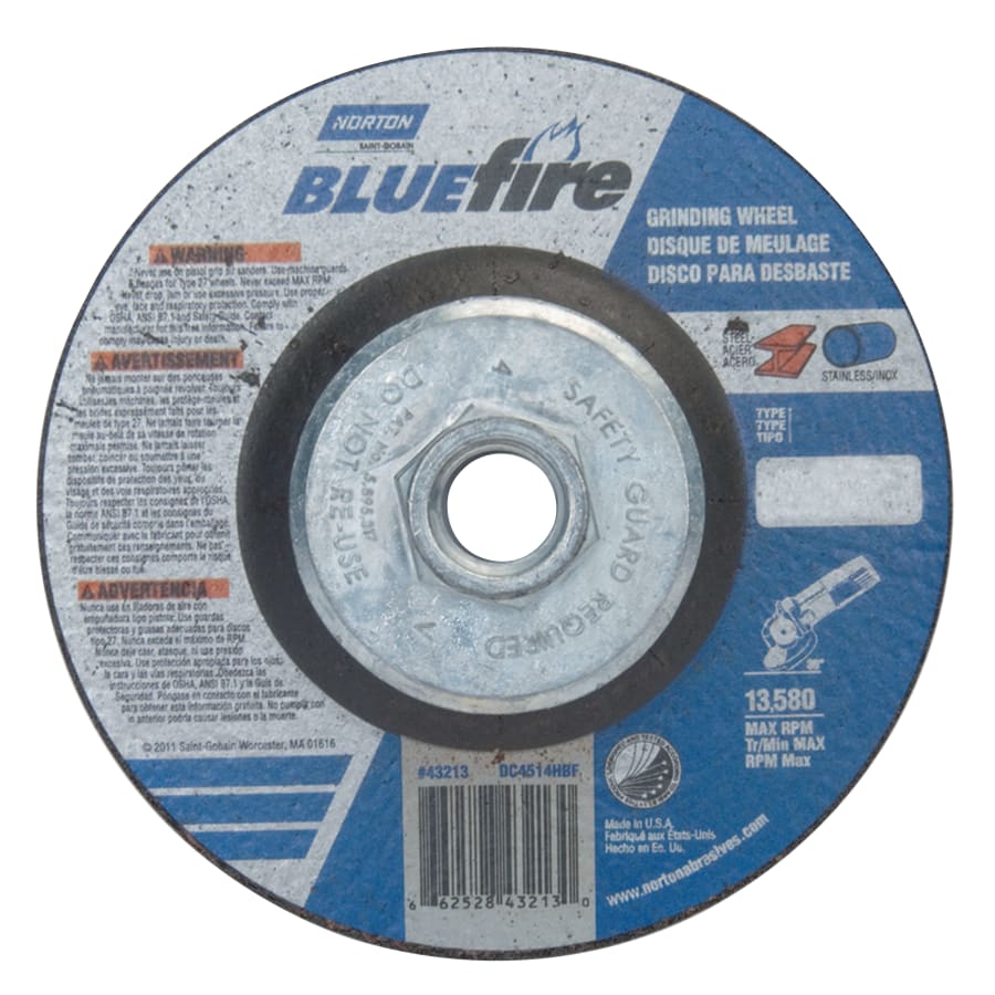Norton 66252843213 Bluefire® Type 27 Depressed Center Wheel, 4-1/2 in x 1/4 x 5/8-11, 24 Grit, Zirconia Alumina