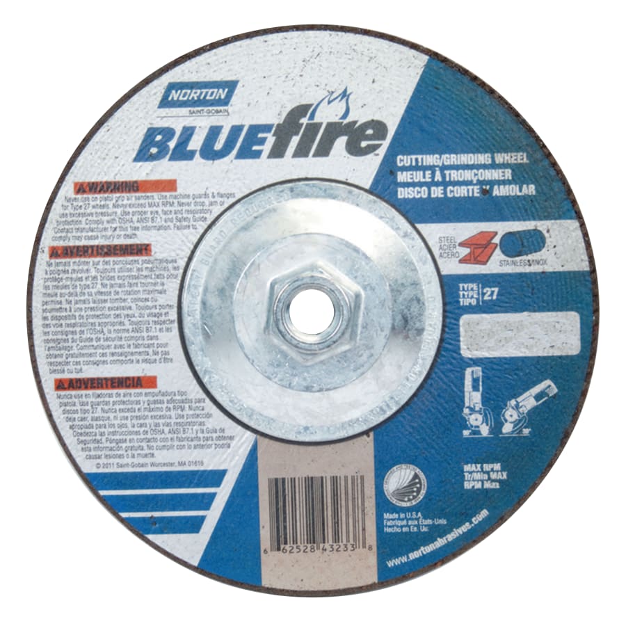 Norton 66252843233 Bluefire® Type 27 Depressed Center Wheel, 7 in x 1/8 x 5/8-11, 24 Grit, Zirconia Alumina