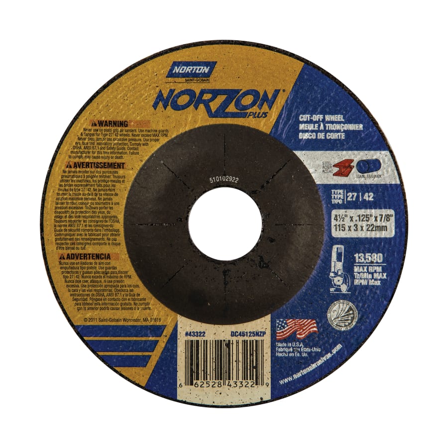 NorZon Plus Cutting Wheel, Zirconia Alumina, 4-1/2 in dia, 7/8 in Arbor, 24 Grit