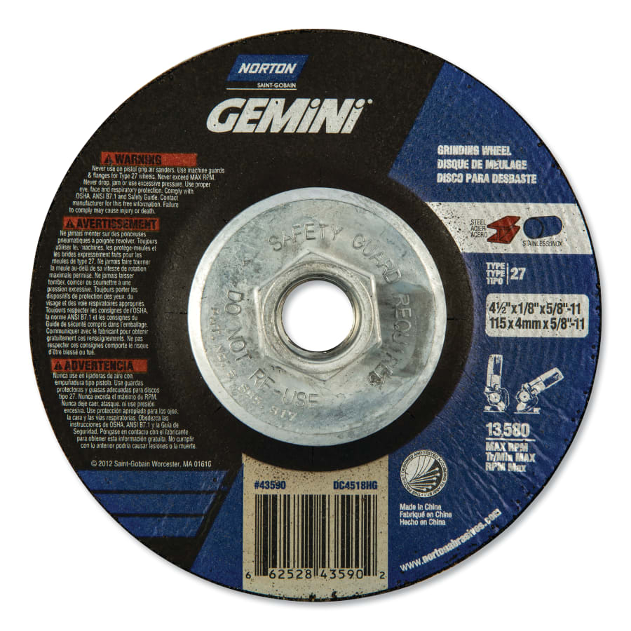 Norton 66252843590 Gemini Type 27 Grinding/Cutting Wheel, 4-1/2 in x 1/8 in, 5/8-11 Arbor (Box)