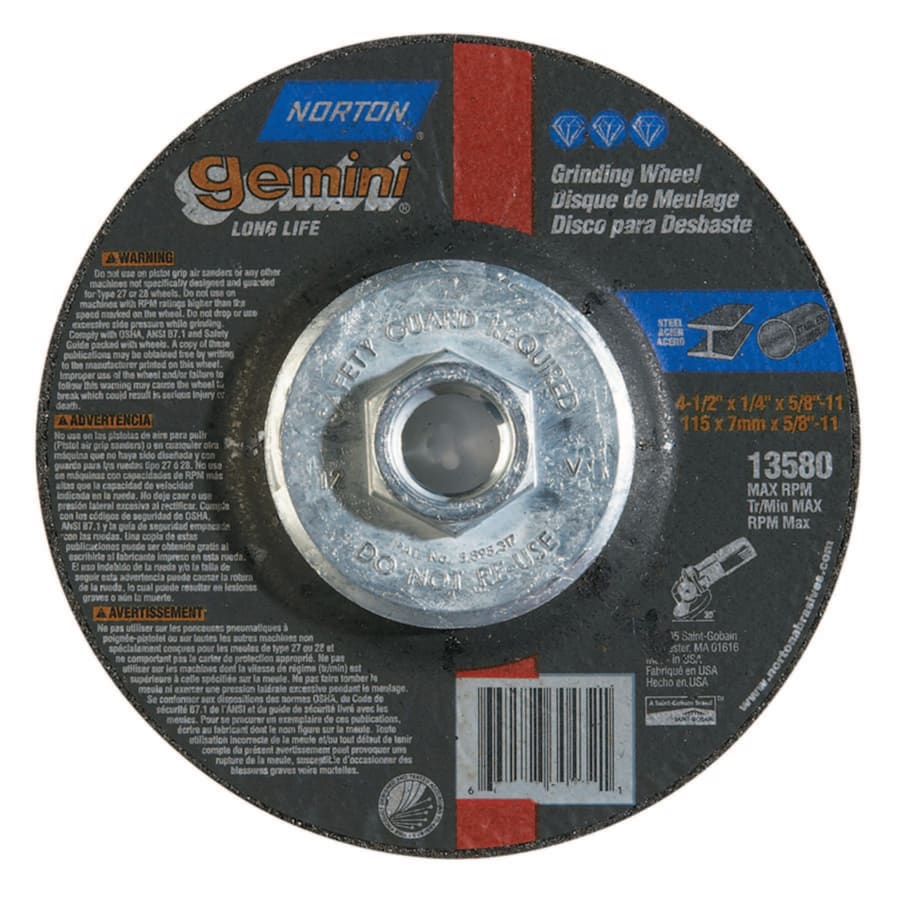 Norton 66252843593 Gemini Type 27 Grinding/Cutting Wheel, 4-1/2 in x 1/4 in, 5/8-11 Arbor (Box)