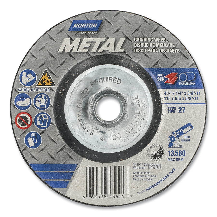 NortonMetal Type 27 Depressed Center Wheel, 4-1/2 in x 1/4 in, 5/8-11 Arbor (Box of 10 EA)