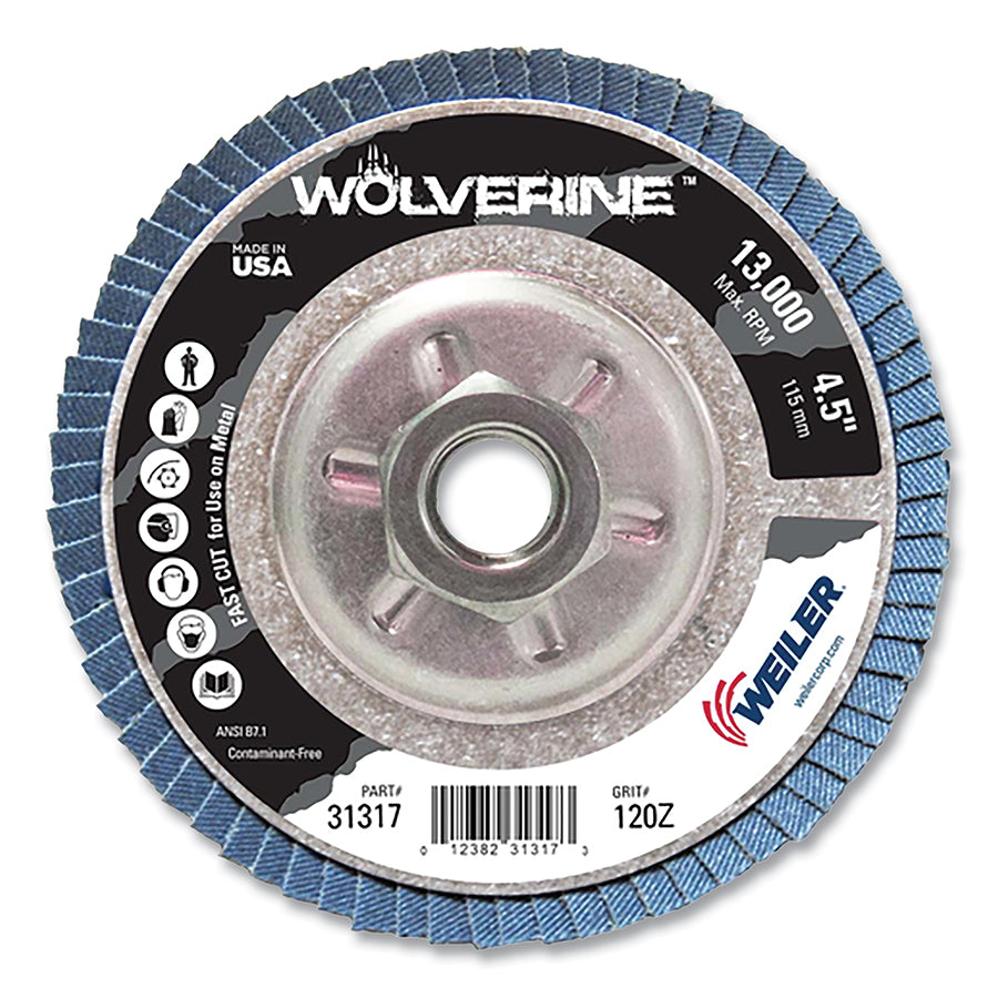 Weiler 31317 Wolverine® Abrasive Flap Disc, 4.5 in dia, 120 Grit, 5/8 Arbor, 13000 RPM, Alum Back (Pack of 10 EA)