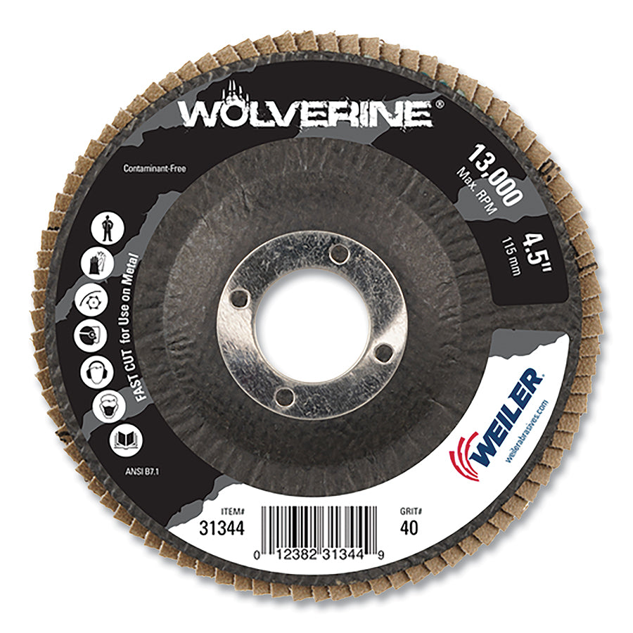 Weiler 31344 Wolverine® Abrasive Flap Disc, 4-1/2 in dia x 7/8 in Arbor, 40 Grit, 13000 RPM, Type 29