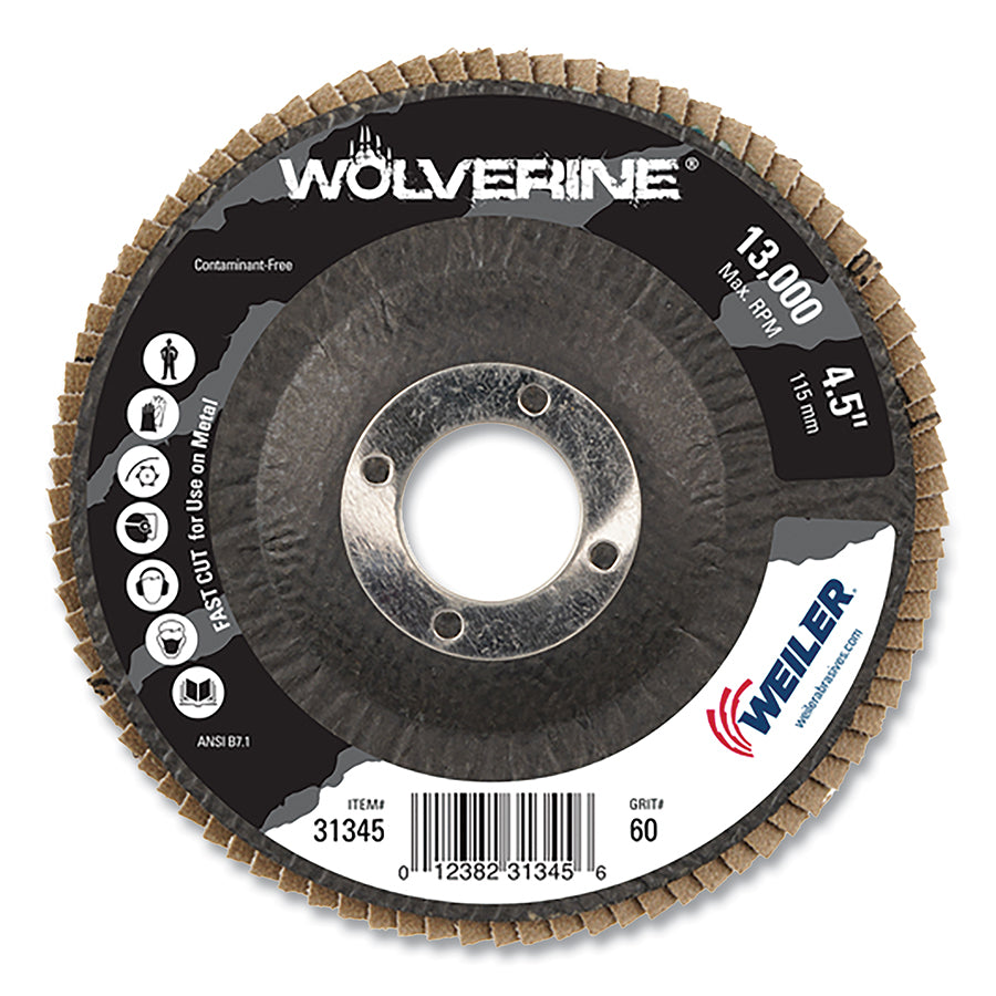 Weiler Wolverine Abrasive Flap Disc, 4-1/2 in dia x 7/8 in Arbor, 60 Grit, 13000 RPM, Type 29