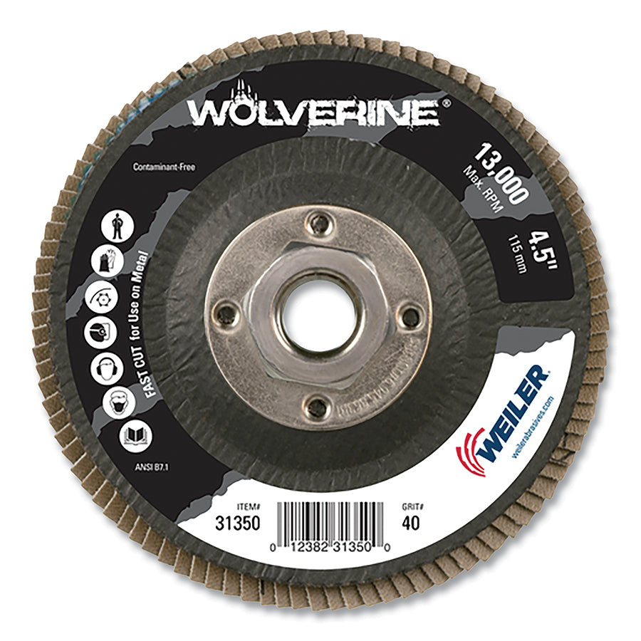 Weiler Wolverine Abrasive Flap Disc, 4-1/2 in dia, 40 Grit, 5/8 in-11, 13000 RPM, Type 29