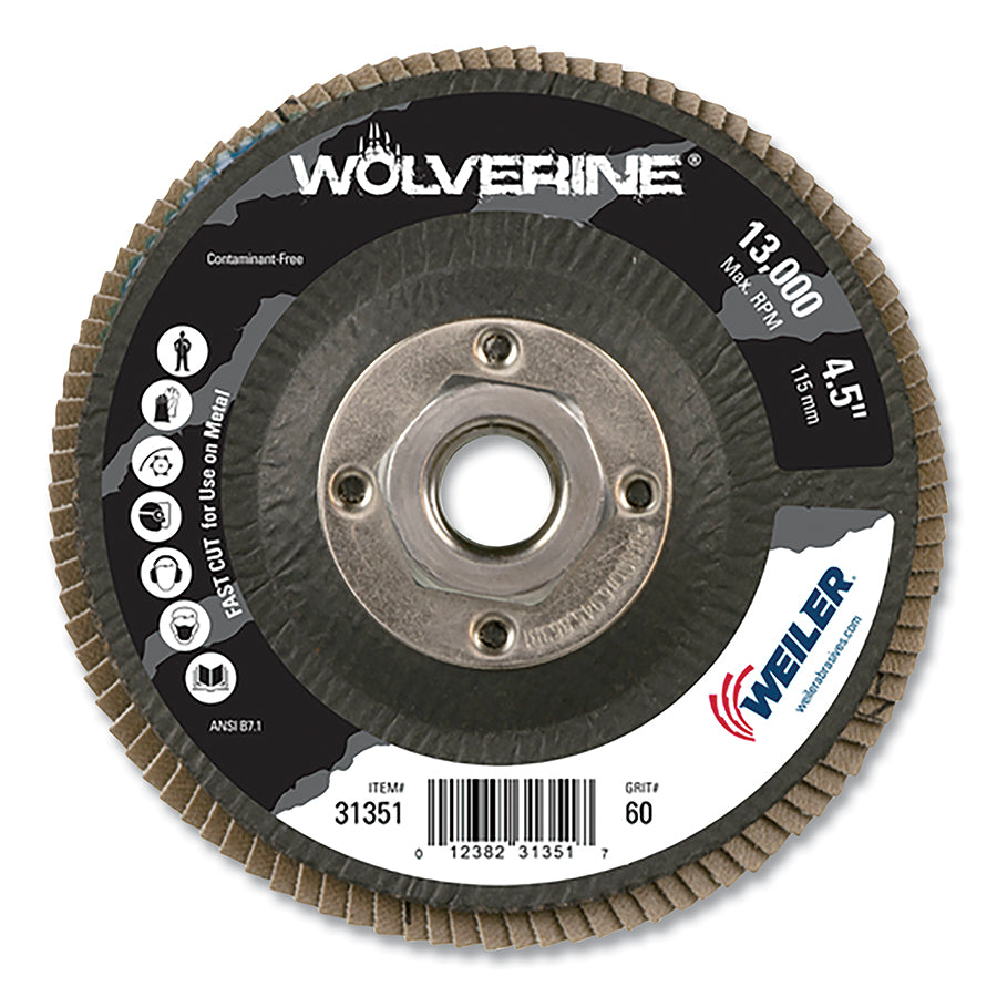 Weiler Wolverine Abrasive Flap Disc, 4-1/2 in dia, 60 Grit, 5/8 in-11, 13000 RPM, Type 29