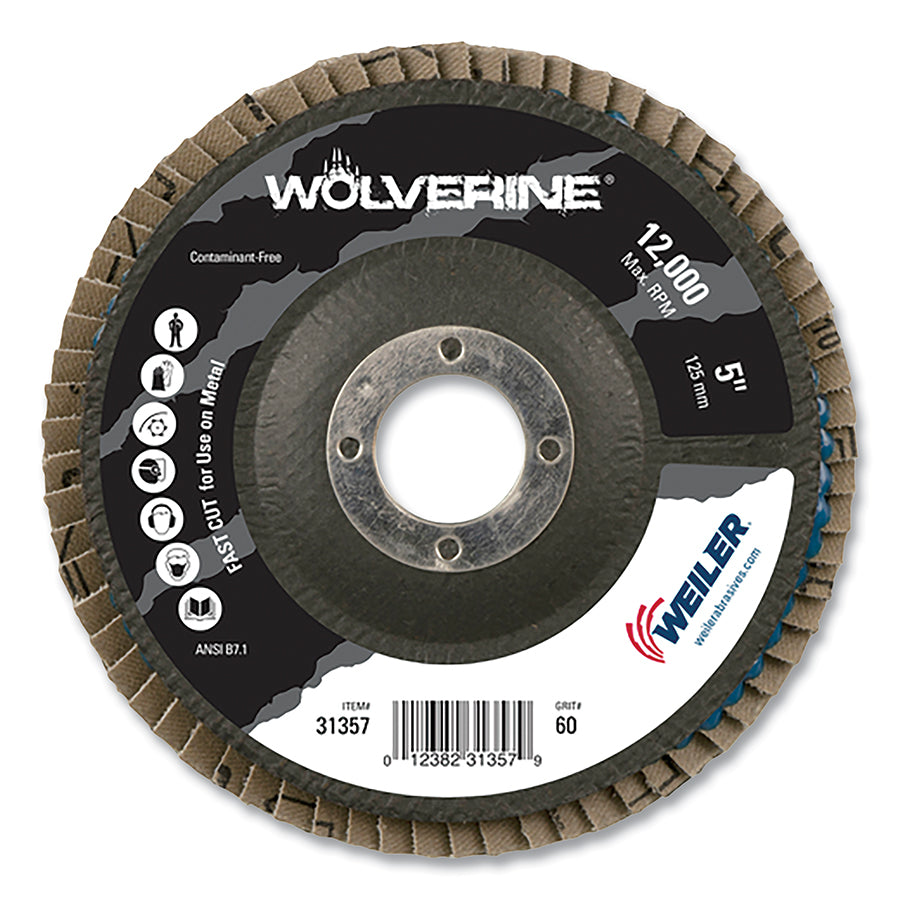Weiler 31357 Wolverine® Abrasive Flap Disc, 5 in dia x 7/8 in Arbor, 60 Grit, Angled, Phenolic Back