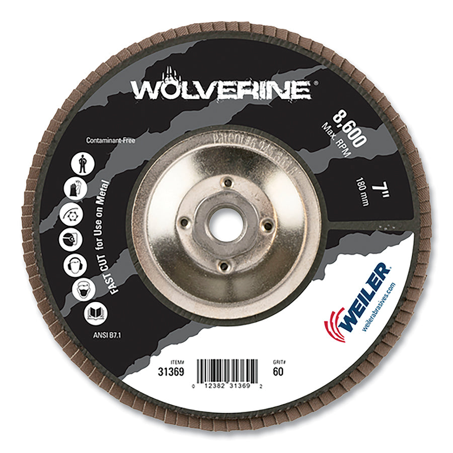 Wolverine® Abrasive Flap Disc, 7 in dia x 5/8 in-11 Arbor UNC, 60 Grit, 8600 RPM, Type 29