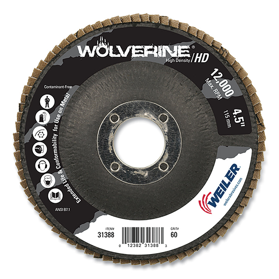 Weiler 31388 Wolverine® Abrasive Flap Disc, High Density, 4-1/2 in dia x 7/8 in Arbor, 60 Grit, Flat