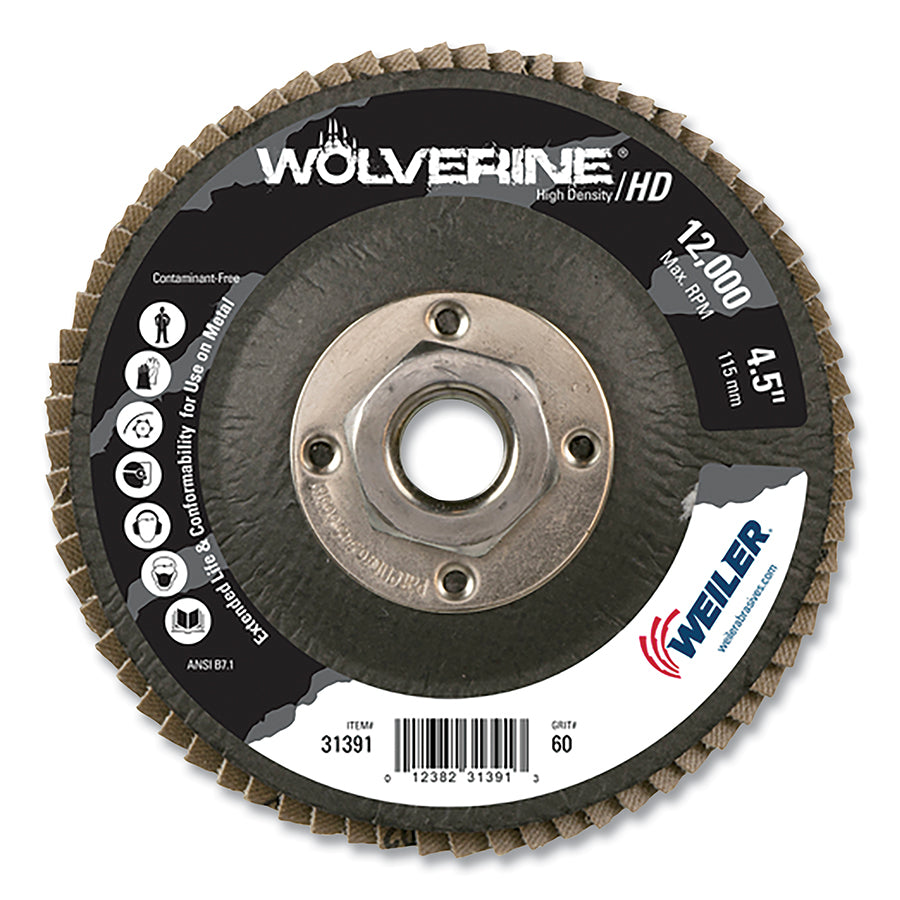 Weiler 31391 Wolverine® Abrasive Flap Disc, High Density, 4-1/2 in dia x 5/8 in-11 UNC Arbor, 60 Grit, Flat (Pack of 10 EA)