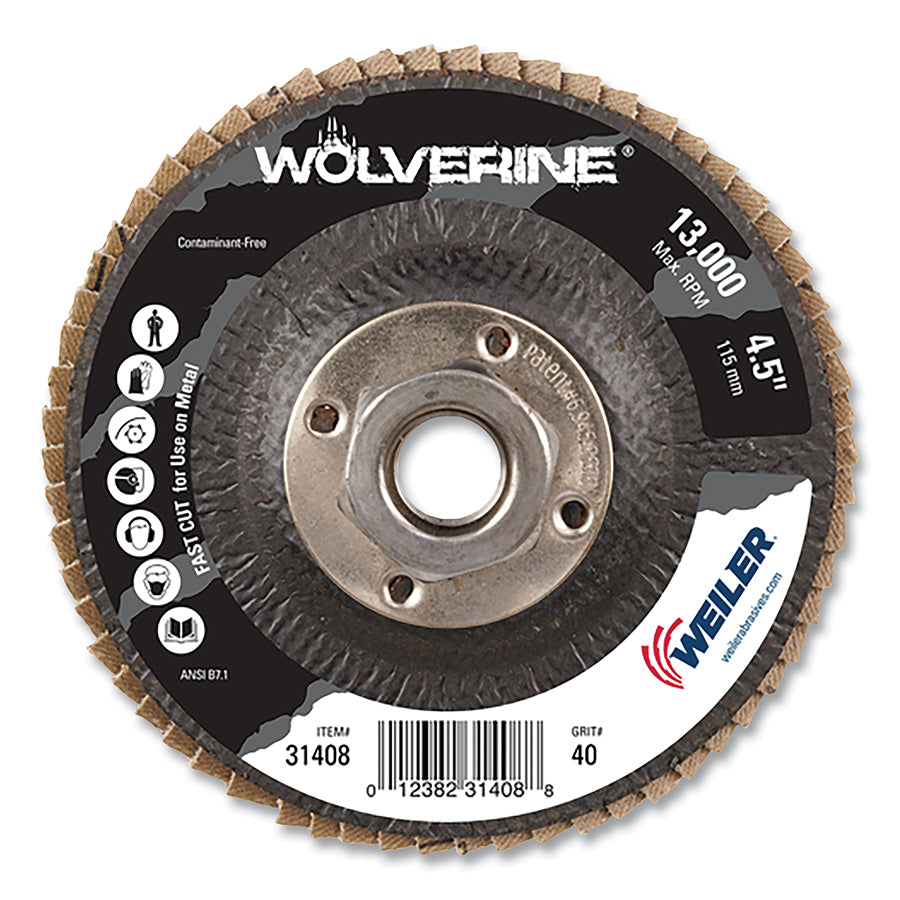 Weiler 31408 Wolverine® Abrasive Flap Disc, 4-1/2 dia, Flat, Phenolic Backing, 40 Grit (Pack of 10 EA)