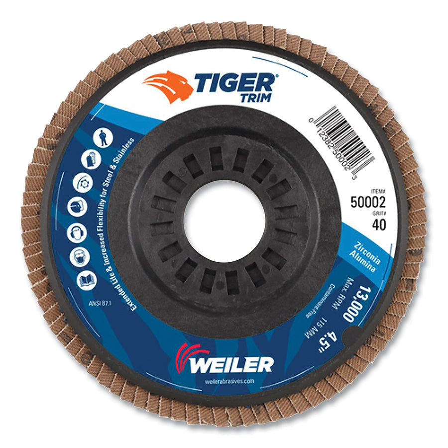 Weiler 50002 Trimmable Tiger Flap Discs, 4 1/2 in, 40 Grit, 7/8 in Arbor, 13,000 rpm
