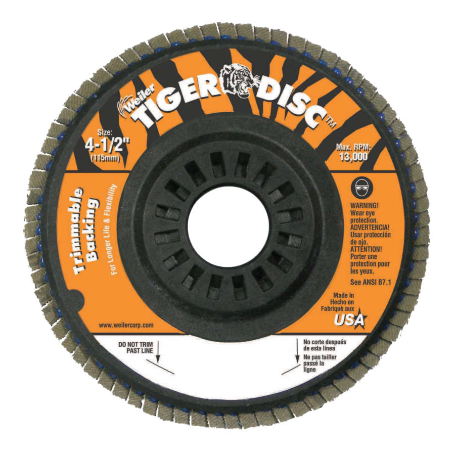 Weiler 50004 Trimmable Tiger® Flap Discs, 4 1/2 in, 80 Grit, 7/8 in Arbor, 13,000 rpm (Pack of 10 EA)