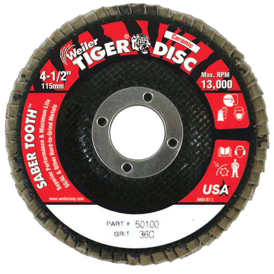 Weiler 50100 Saber Tooth Ceramic Flap Discs, 4 1/2 in, 36 Grit, 7/8 in Arbor, 13,000 rpm (Pack of 10 EA)