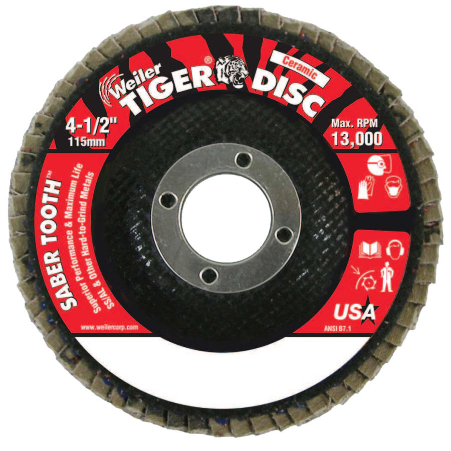 Weiler 50102 Saber Tooth Ceramic Flap Discs, 4 1/2 in, 60 Grit, 7/8 in Arbor, 13,000 rpm