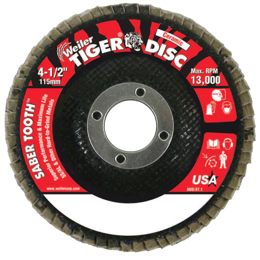 Weiler 50103 Saber Tooth Ceramic Flap Discs, 4 1/2 in, 80 Grit, 7/8 in Arbor, 13,000 rpm (Pack of 10 EA)