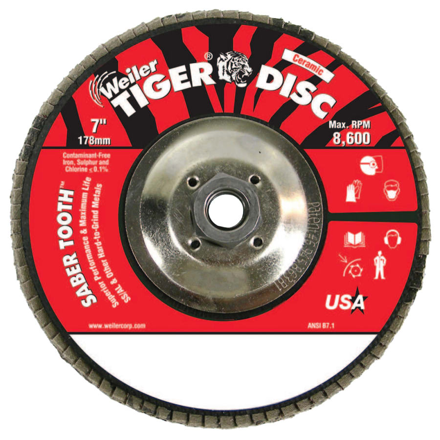 Weiler 50113 Saber Tooth Ceramic Flap Discs, 7, 40 Grit, 5/8 Arbor, 12,000 rpm (Pack of 10 EA)