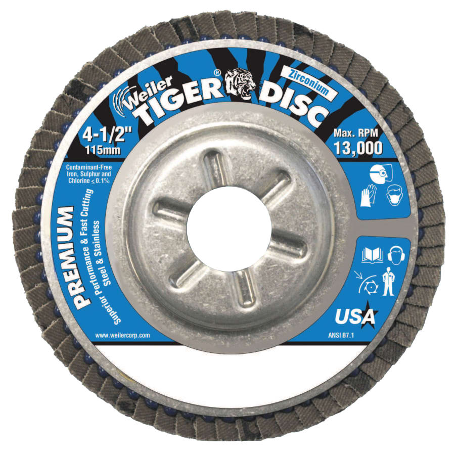 Weiler 50516 Tiger Disc Angled Style Flap Discs, 4 1/2 in, 120 Grit, 7/8 Arbor, Aluminum Back
