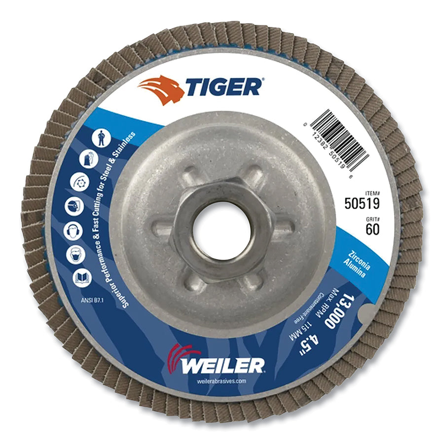 Weiler 50519 Tiger® Disc Angled Style Flap Disc, 4-1/2 in dia, 60 Grit, 5/8 in-11, 13000 rpm, Type 29