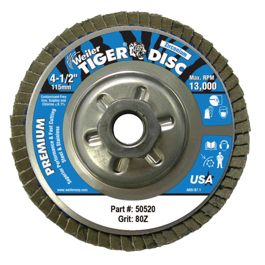 Weiler 50520 Tiger® Disc Angled Style Flap Disc, 4-1/2 in dia, 80 Grit, 5/8 in-11, 13000 rpm, Type 29