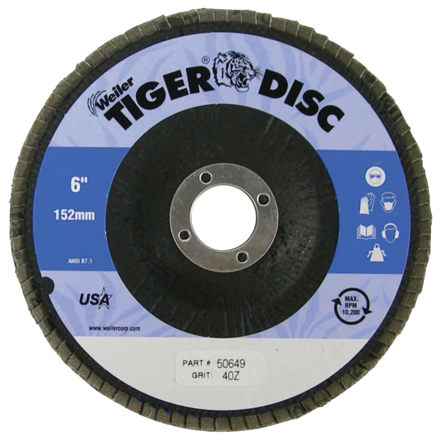 Weiler 50649 Tiger Disc Abrasive Flap Discs, 6 in, 40 Grit, 7/8 Arbor, 10,200 rpm (Pack of 10 EA)