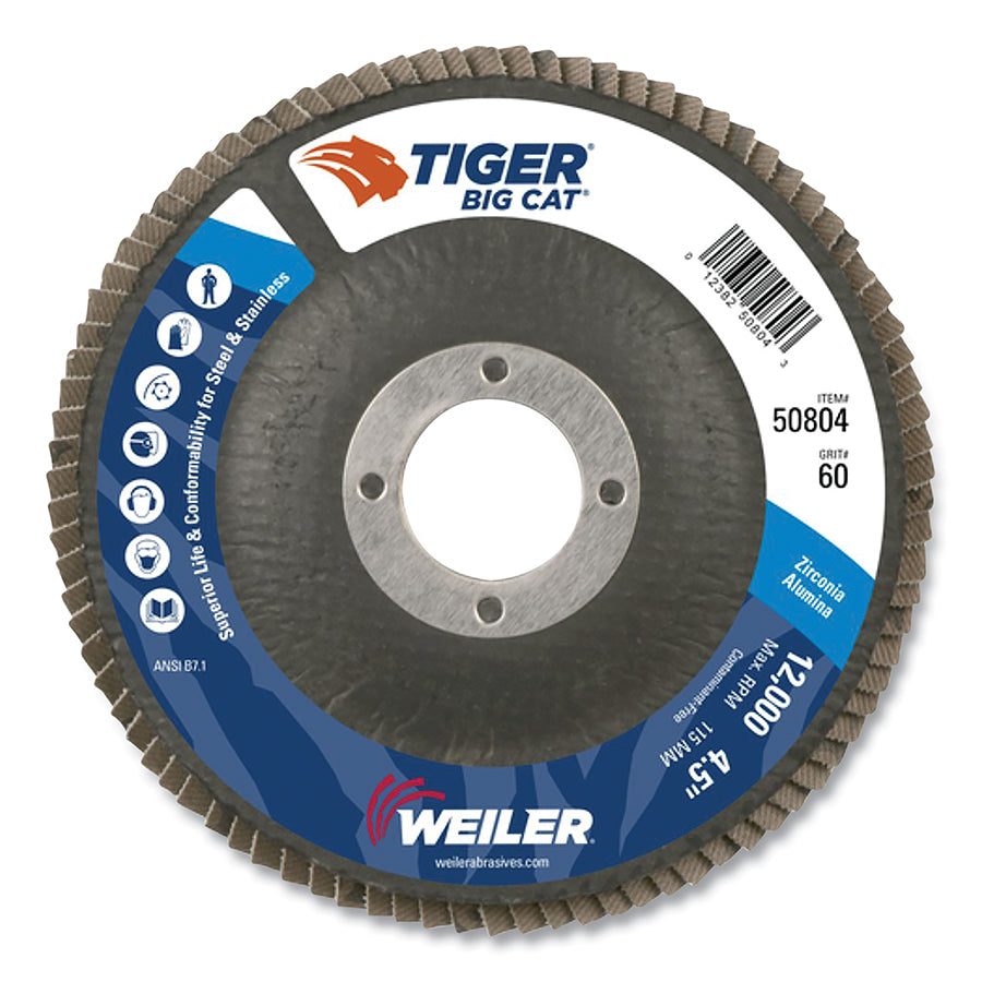 Weiler Tiger Big Cat High Density Flap Disc, 4-1/2 in dia, 60 Grit, 7/8 in Arbor, 12000 RPM, Type 27