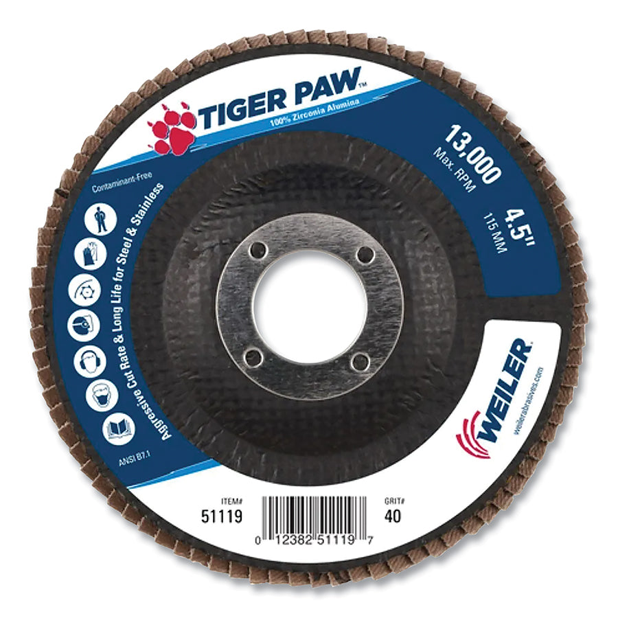 Weiler 51119 Tiger Paw™ TY29 Coated Abrasive Flap Disc, 4-1/2 in dia, 40 Grit, 7/8 Arbor, 13000 rpm (Pack of 10 EA)