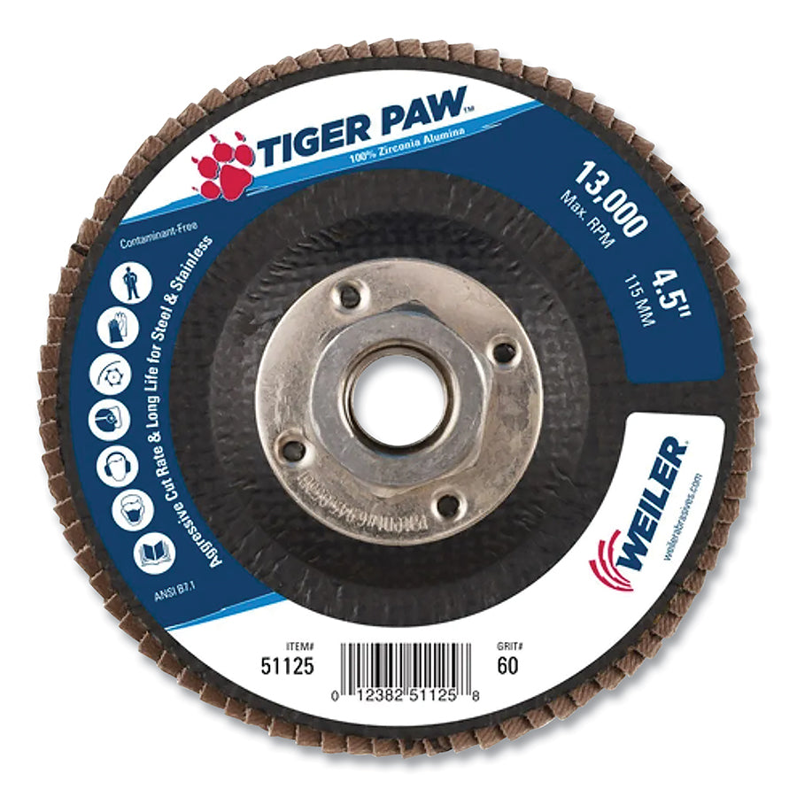 Tiger Paw™ TY29 Coated Abrasive Flap Disc, 4-1/2 in dia, 60 Grit, 5/8 in-11, 13000 rpm (Pack of 10 EA)