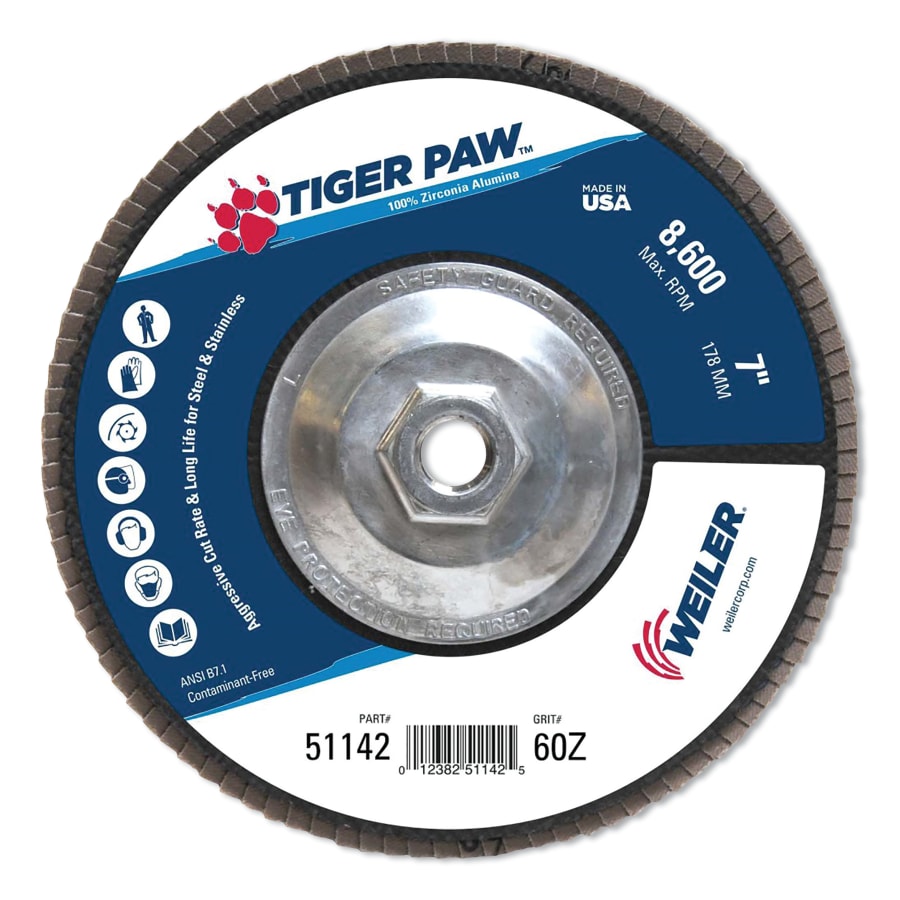 Weiler 51142 Tiger Paw Coated Abrasive Flap Discs, 7", 60 Grit, 5/8 Arbor, Phenolic Back (Pack of 10 EA)