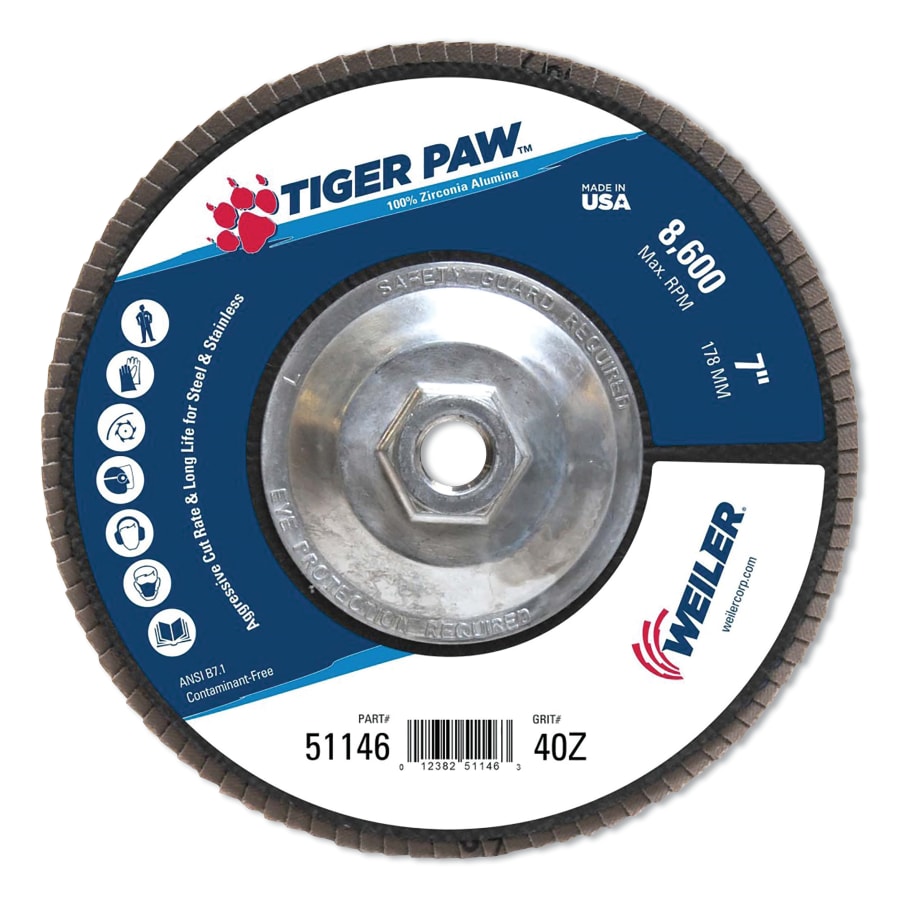 Weiler 51146 Tiger Paw™ TY29 Coated Abrasive Flap Discs, 7", 40 Grit, 5/8 Arbor, 8,600 RPM