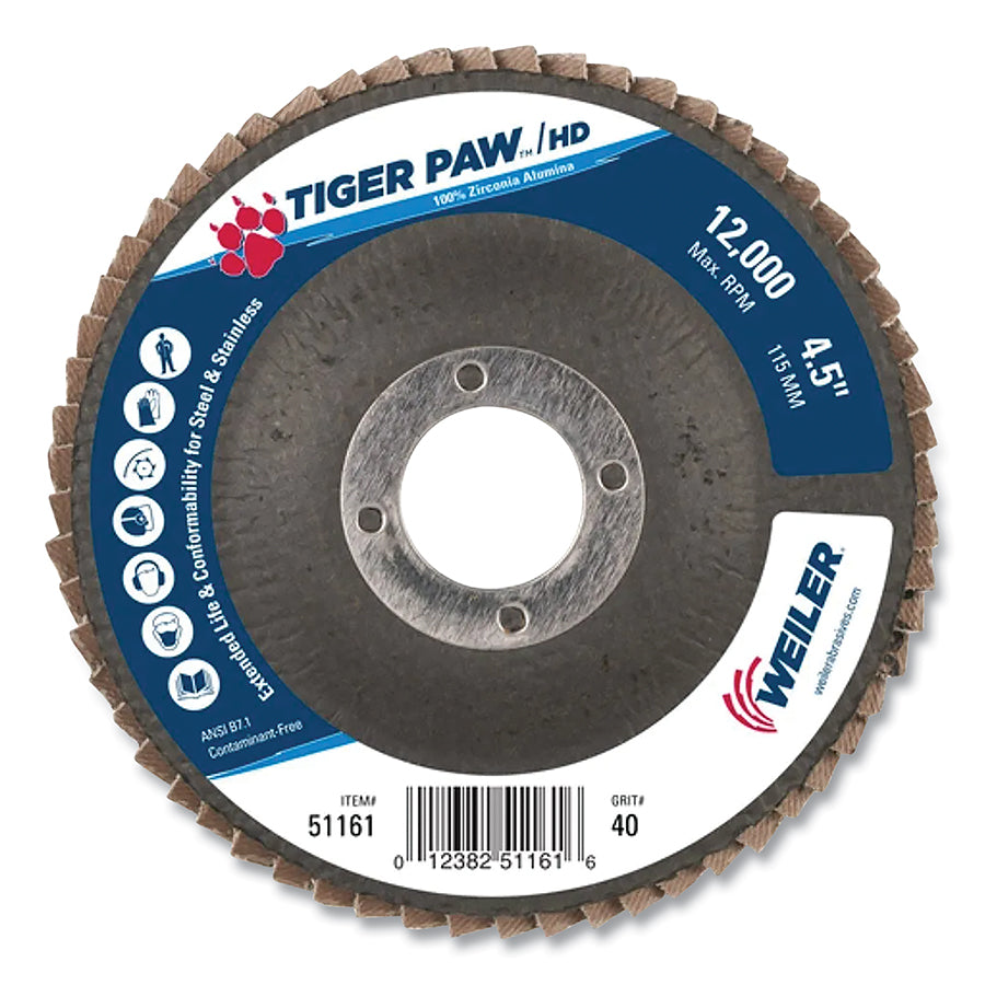 Weiler 51161 Tiger Paw™ Super High Density Flap Disc, 4-1/2 in dia, 40 Grit, 7/8 in Arbor, 12000 RPM (Pack of 10 EA)