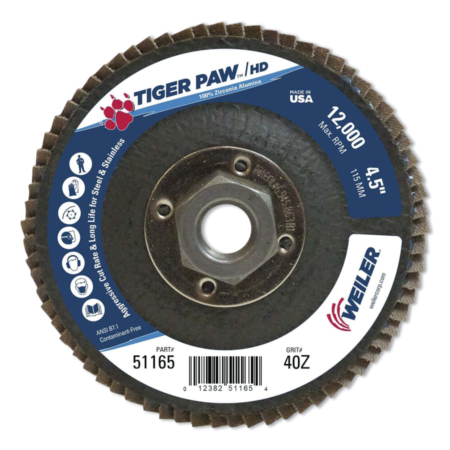 Weiler 51165 Tiger Paw™ Super High Density Flap Disc, 4-1/2 in dia, 40 Grit, 5/8 in-11 Arbor, 12000 (Pack of 10 EA)