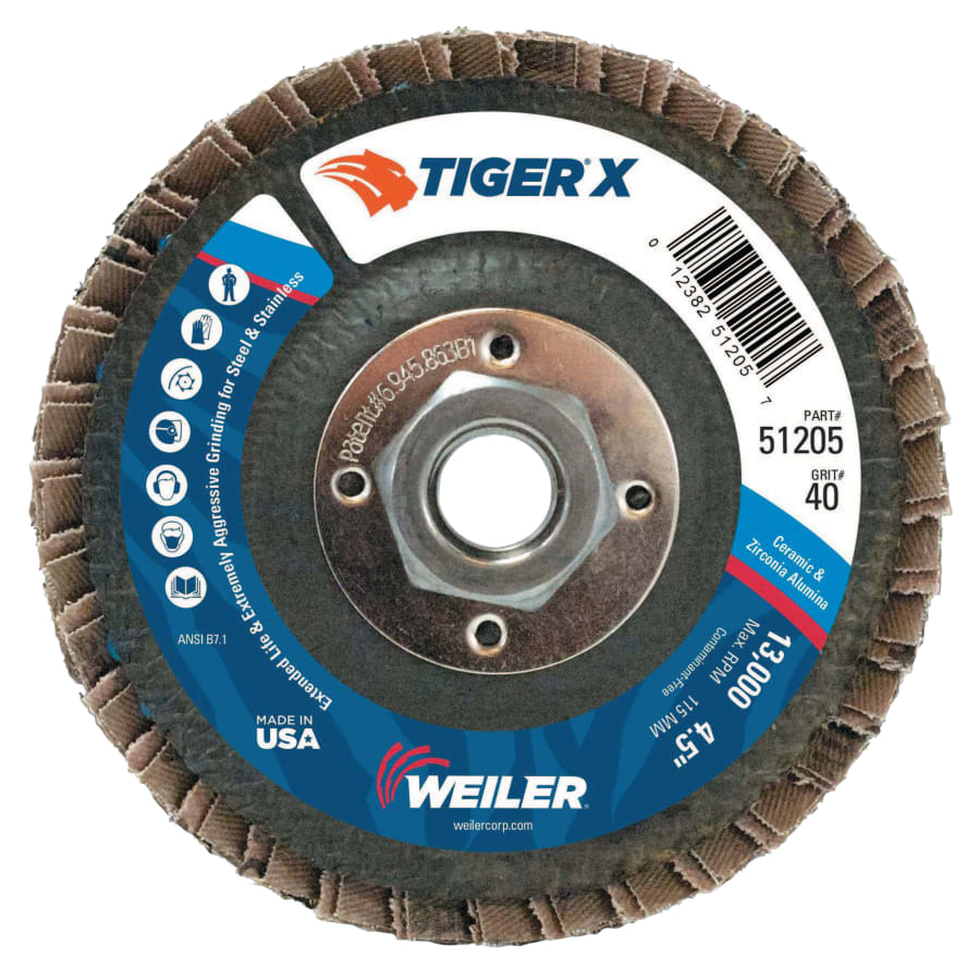 Tiger® X Flap Disc, 4-1/2 in Angled, 40 Grit, 5/8 in to 11 Arbor (Pack of 10 EA)